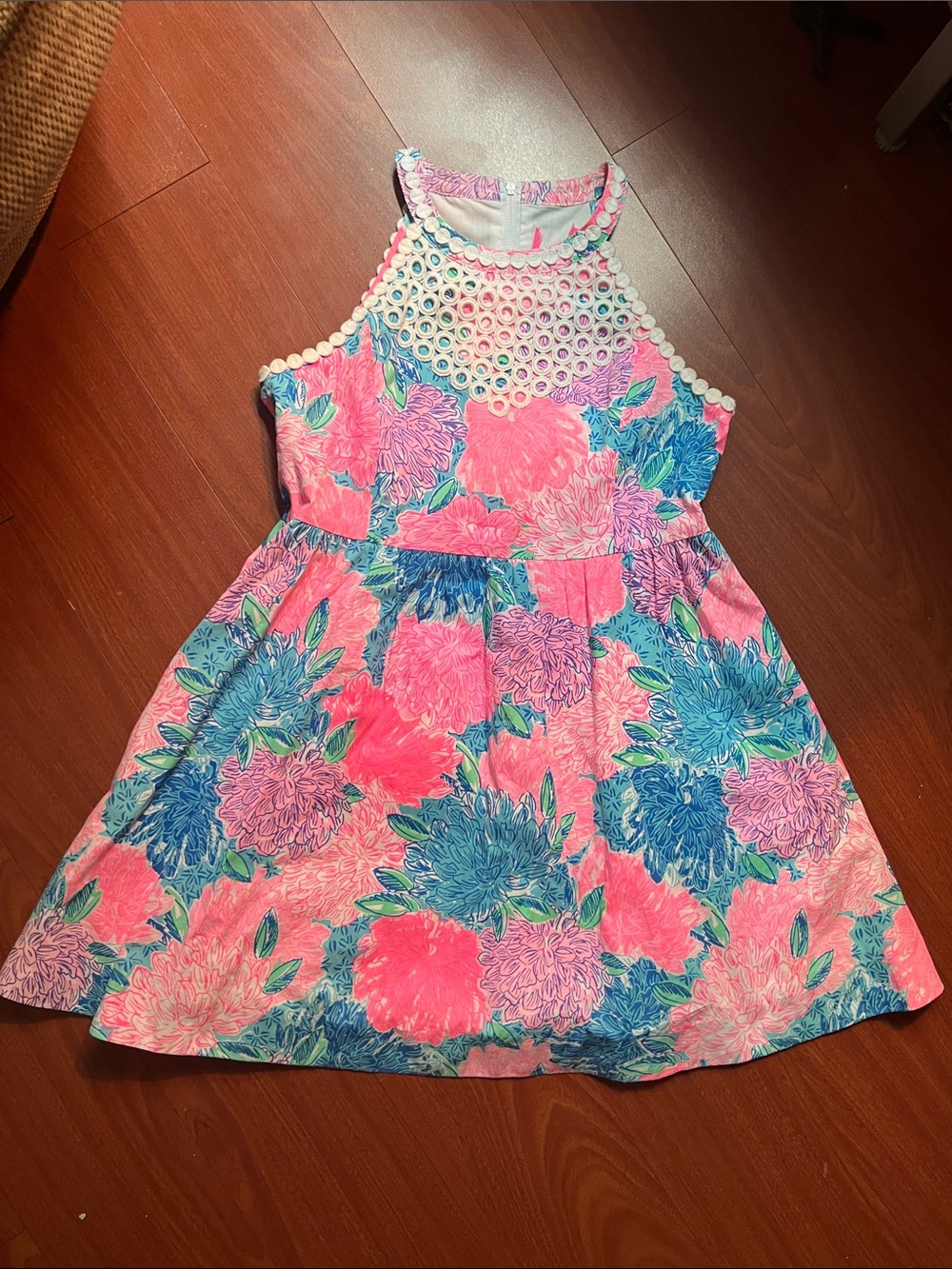 Lily Pulitzer Girls Pink & Blue‎ Floral Halter Dress with Crochet Yoke lined